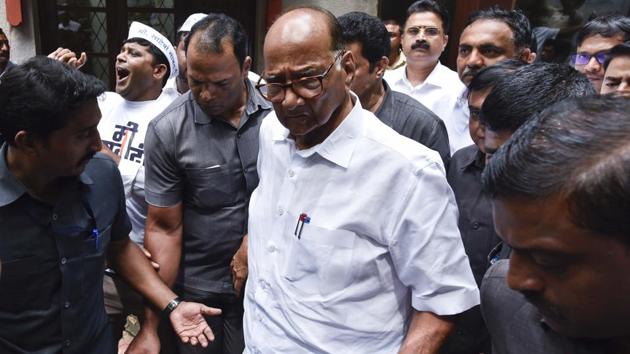 NCP leader Sharad Pawar drops his plan to go to Enforcement Directorate (ED) office after addressing the media, at Silver Oak, Bhulabhai Desai Road in Mumbai, Maharashtra. (Anshuman Poyrekar / HT Photo) NCP leader Sharad Pawar drops his plan to go to Enforcement Directorate (ED) office after addressing the media, at Silver Oak, Bhulabhai Desai Road in Mumbai, Maharashtra. (Anshuman Poyrekar / HT Photo)