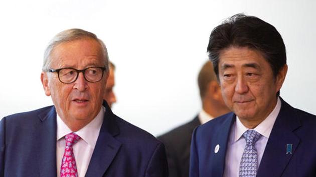 Japan's Prime Minister Shinzo Abe, right, and European Commission President Jean-Claude Juncker arrive for a meeting at EU headquarters in Brussels, Friday, Sept. 27, 2019. (AP Photo/Virginia Mayo) (AP) Japan's Prime Minister Shinzo Abe, right, and European Commission President Jean-Claude Juncker arrive for a meeting at EU headquarters in Brussels, Friday, Sept. 27, 2019. (AP Photo/Virginia Mayo) (AP)