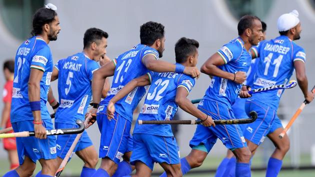 India hockey team celebrates after scoring a goal.(Frank Uijlenbroek/Hockey Indiaa) India hockey team celebrates after scoring a goal.(Frank Uijlenbroek/Hockey Indiaa)