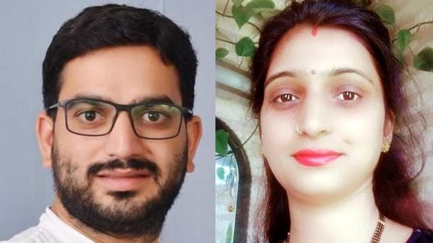 Himachal Pradesh Bharatiya Janata Yuva Morcha (BJYM) secretary Vishal Nehria, 31, will contest polls from Dharamshala while BJP state executive committee member Reena Kashyap, 34, will contest from Pachhad.(HT PHOTO)