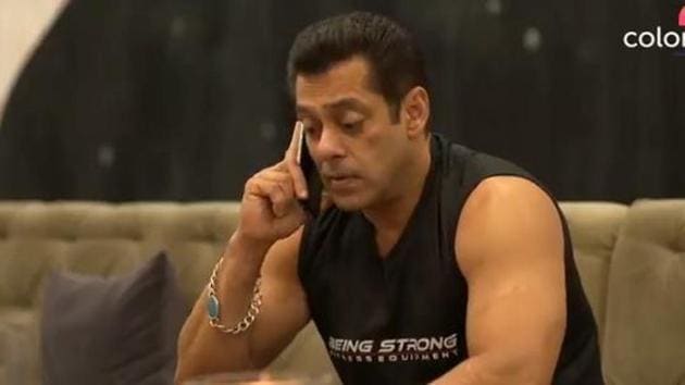 Salman Khan attends phone calls inside his personal chalet on Bigg Boss 13.