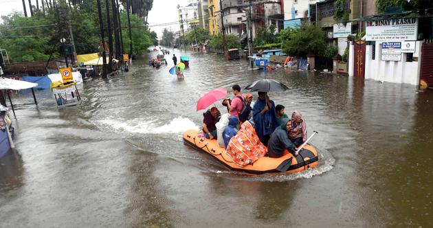 A State Disaster Response Force (SDRF) team rescues people from a flooded locality in Patna. As many as 18 National Disaster Response Force teams have also been deployed across Bihar state after heavy rainfall battered the state. (ANI Photo)