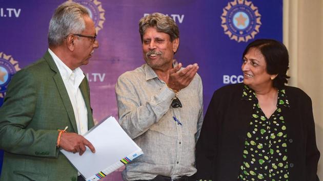 The three-members of Cricket Advisory Committee (CAC) Kapil Dev, Anshuman Gaekwad and Shantha Rangaswamy during a press conference in Mumbai.(PTI)