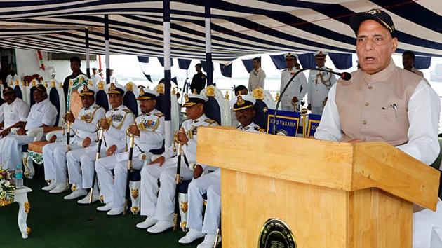 Defence minister Rajnath Singh on Saturday commissioned India’s second Scorpene-class attack submarine, INS Khanderi, by sounding a warning to Pakistan amid heightened tensions in the subcontinent over Kashmir.(ANI Photo)