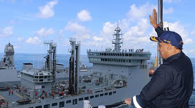 Defence Minister Rajnath Singh on-board aircraft carrier INS Vikramaditya.(ANI Photo)