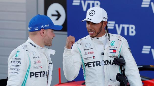 Race winner Mercedes' Lewis Hamilton talks to second placed Mercedes' Valtteri Bottas after the race. (REUTERS) Race winner Mercedes' Lewis Hamilton talks to second placed Mercedes' Valtteri Bottas after the race. (REUTERS)