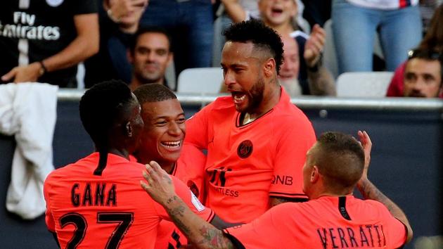 PSG Neymar, center, and Mbappe celebrate after scoring during the French League One soccer match between Bordeaux (AP) PSG Neymar, center, and Mbappe celebrate after scoring during the French League One soccer match between Bordeaux (AP)