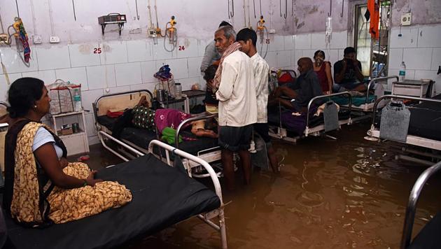 A ward being submerged after heavy rain, at Nalanda Medical College and Hospital (NMCH), in Patna on Saturday.(ANi photo)