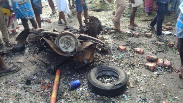 The remains of the van that exploded inTamil nadu’s Villupuram district on Monday(HT PHOTO) The remains of the van that exploded inTamil nadu’s Villupuram district on Monday(HT PHOTO)