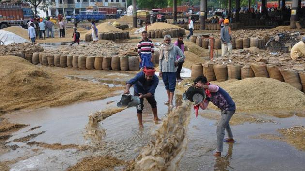 Workers remove rain water which inundated the grain market damaging newly harvested paddy after a spell of heavy rain in Amritsar, Punjab. As per the IMD records, the longest that the monsoon remained active was till September 30 in the year 2007. (PTI)