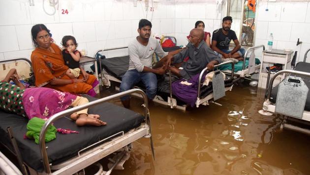 Waterlogging at a ward of Nalanda Medical College and Hospital (NMCH) after heavy monsoon rains in Patna. IMD director general M Mohapatra said monsoon will retreat later than normal this year: from the second week of October. This is the first time since 1960 — the year IMD began keeping records — that the monsoon will remain active till mid-October. The monsoon season normally begins on June 1 and ends on September 30. (PTI)