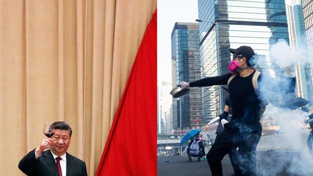 Chinese President Xi Jinping (left) makes a toast after delivering his speech at a dinner marking the 70th anniversary of the founding of the People’s Republic of China at the Great Hall of the People in Beijing. On the other hand, a demonstrator throws back a tear gas canister during a protest in the Central district of Hong Kong, presenting a stark contrast to the grand celebrations in Beijing. (AP and Eduardo Leal/Bloomberg)
