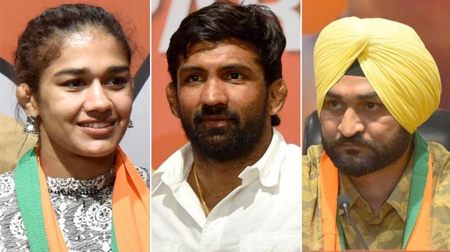 Olympians Babita Phogat, Yogeshwar Dutt and Sandeep Singh recently resigned their government jobs to join electoral politics. They are contesting Haryana assembly elections on BJP ticket.(HT Photo)