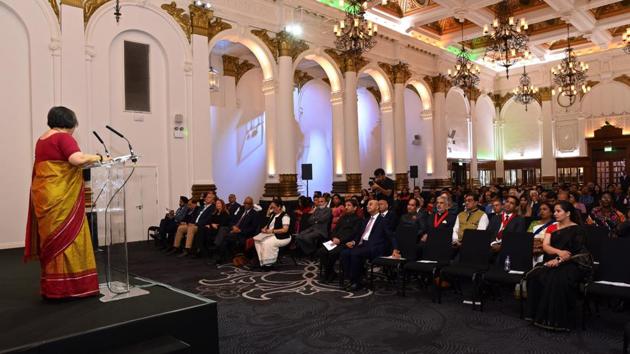 Indian high commissioner Ruchi Ghanshyam addressing the event in the Victorial hall where Gandhi would have had his first breakfast on British soil in September 1888.(HT Photo)