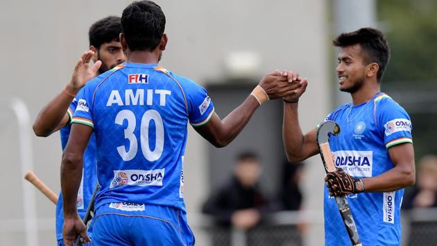 Amit Rohidas celebrates his goal.(Frank Uijlenbroek/Hockey India)