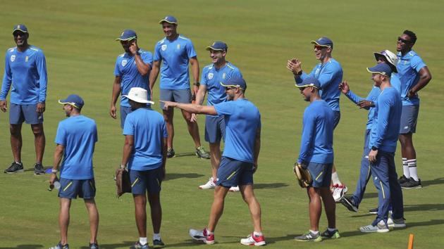 South Africa cricket captain Faf du Plessis, third from left front row, gestures along with team members during a practice session in Visakhapatnam, India, Tuesday, Oct. 1, 2019. India and South Africa are scheduled to play the first test cricket match of the three-match series from Wednesday.(AP)