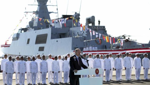 Turkey's president Recep Tayyip Erdogan during a ceremony to launch a new warship, in Istanbul, Sunday, Sept. 29, 2019.(AP)