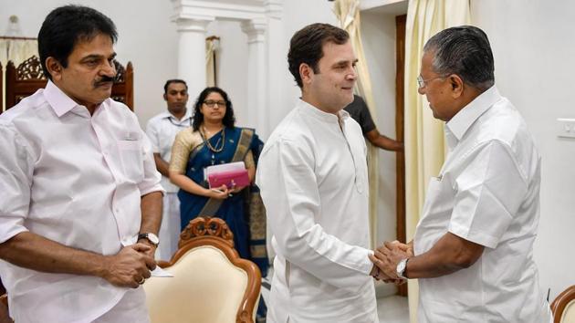 Congress leader Rahul Gandhi meets Kerala chief minister Pinarayi Vijayan on Tuesday. (PTI PHOTO.) Congress leader Rahul Gandhi meets Kerala chief minister Pinarayi Vijayan on Tuesday. (PTI PHOTO.)