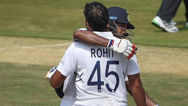 Visakhapatnam: India's Rohit Sharma being greeted by partner Mayank Agarwal (PTI)