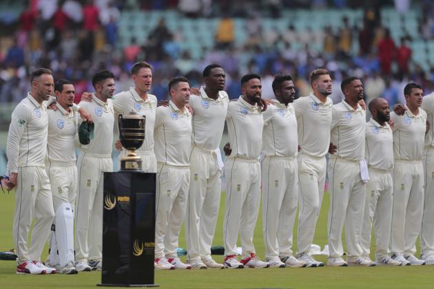 South African players stand for national anthem at the beginning of the first cricket Test match between India and South Africa in Visakhapatnam. (AP)