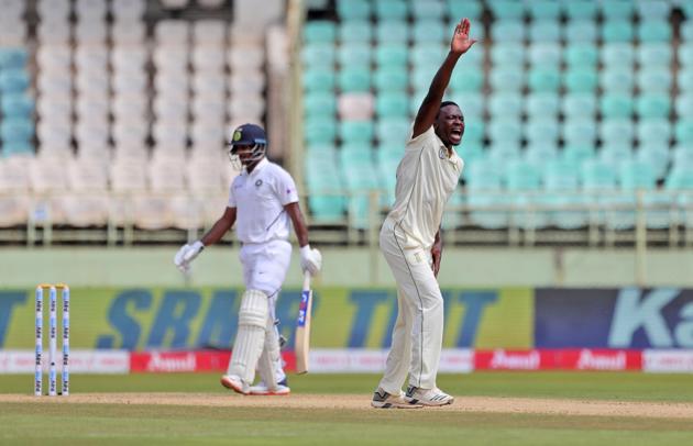South Africa bowler Kagiso Rabada appeals unsuccessfully for the wicket of India's Mayank Agarwal during the first day of the first cricket Test match between India and South Africa in Visakhapatnam. (AP)
