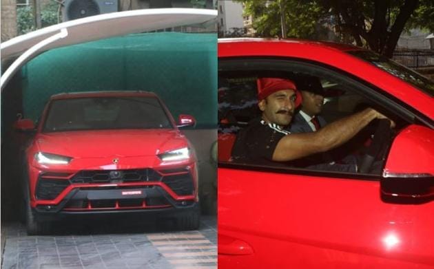 Ranveer Singh drives his new Lamborghini in Mumbai.(Varinder Chawla)