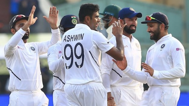 R Ashwin celebrates with teammates after picking up a wicket on second day.(BCCI/ Twitter)