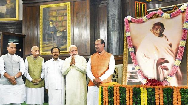 (From Left) Union defence minister Rajnath Singh, BJP leader LK Advani, deputy speaker of Lok Sabha M Thambidurai, Prime Minister Narendra Modi and Lok Sabha speaker Om Birla after paying tributes to Mahatma Gandhi and Lal Bahadur Shastri in Parliament on Wednesday. (Sonu Mehta/HT PHOTO) (From Left) Union defence minister Rajnath Singh, BJP leader LK Advani, deputy speaker of Lok Sabha M Thambidurai, Prime Minister Narendra Modi and Lok Sabha speaker Om Birla after paying tributes to Mahatma Gandhi and Lal Bahadur Shastri in Parliament on Wednesday. (Sonu Mehta/HT PHOTO)