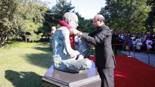 Embassy of India and Indian community in Beijing jointly paid homages to Mahatma Gandhi on his birthday last year in Jintai Art Museum Beijing.(File photo: EOIBeijing/ Twitter) Embassy of India and Indian community in Beijing jointly paid homages to Mahatma Gandhi on his birthday last year in Jintai Art Museum Beijing.(File photo: EOIBeijing/ Twitter)