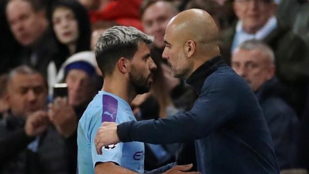 Representative image: Manchester City manager Pep Guardiola with striker Sergio Aguero.(Action Images via Reuters)