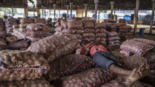 A worker sleeps on sacks of onions at the Vashi Agricultural Produce Market Committee (APMC) wholesale market in Mumbai, Maharashtra. Onions in India are once more at the epicentre of a major controversy, pitting government officials who want lower prices against farmers that need extra income. (Dhiraj Singh / Bloomberg)