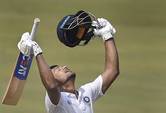 Visakhapatnam: India's Mayank Agarwal celebrates after scoring his maiden double century on the 2nd day of the 1st cricket test match against South Africa. (PTI)