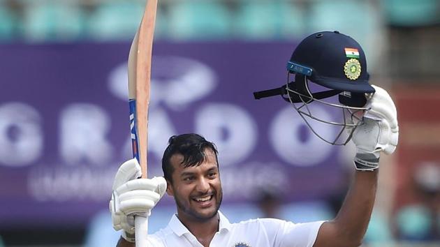 India's Mayank Agarwal celebrates after scoring a maiden century (PTI) India's Mayank Agarwal celebrates after scoring a maiden century (PTI)