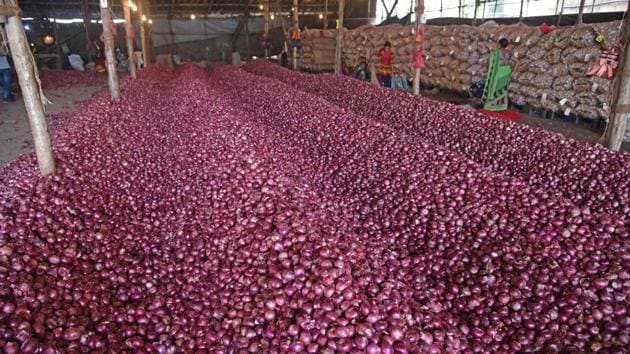 Onions at the UP state warehouse in Navi Mumbai. According to Sharma, farmers in some regions are getting paid 75% less for their onions after the export ban was introduced. “It is the farmers who suffer in the process. Farmers are being penalised to keep consumers happy. Inflation has to be kept low, but what happens to the millions of people that produce that food?” (Bachchan Kumar / HT Photo)