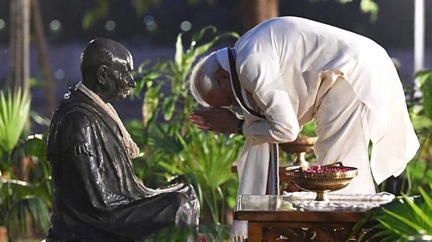 Prime Minister Narendra Modi pays homage to Mahatma Gandhi, Sabarmati Ashram, Ahmedabad, October 2 (ANI Photo) (ANI) Prime Minister Narendra Modi pays homage to Mahatma Gandhi, Sabarmati Ashram, Ahmedabad, October 2 (ANI Photo) (ANI)