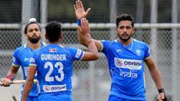 File image of Harmanpreet Singh celebrating a goal with teammates.(Frank Uijlenbroek)