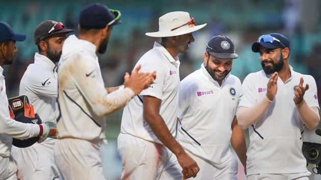 Visakhapatnam: India's Ravichandran Ashwin being congratulated by teammates after he took five wickets at the end of three days of the 1st cricket test match between India and South Africa at Dr YS Rajasekhara Reddy ACA-VDCA Cricket Stadium. (PTI)