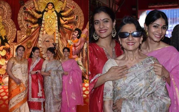 Kajol with mother Tanuja and sister Tanishaa Mukerji at a Durga Puja pandal in Juhu.(Varinder Chawla)