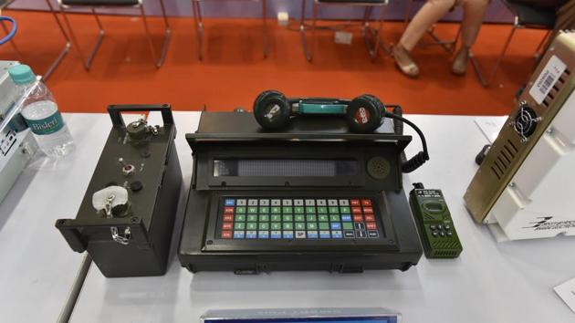 Smart Plus, a compact data communication terminal, on display at the expo. The device, which resembles existing communication terminals, provides added capability for secure data transmission through built-in encryption and modems over existing strategic communication networks. It ensures reliable communication under adverse conditions. (Sanjeev Verma / HT Photo) 