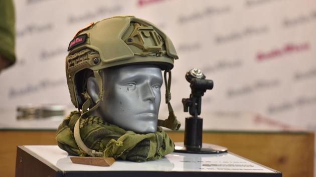 A helmet for use by security personnel on display at the show. The expo brings traffic management, fire safety, disaster management, industrial safety and information security professionals from across the private and public sectors, and the industry’s leading solution providers together for the most comprehensive security education and innovative technology in the nation. (Sanjeev Verma / HT Photo) 