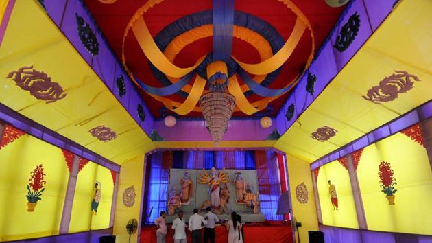 An inside view of a Durga puja pandal, at Sector 71, in Noida, India, on Thursday, October 03, 2019. (Sunil Ghosh / Hindustan Times)