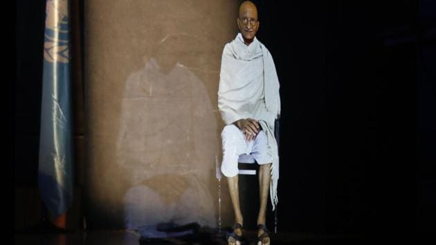 A hologram of Mahatma Gandhi speaks to the audience during a conference on the future of education, at the UNESCO headquarters, in Paris, France. (Thibault Camus / AP)