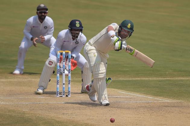 Visakhapatnam: South African batsman Dean Elgar plays a shot on the 3rd day of the 1st cricket test match against India Africa at Dr YS Rajasekhara Reddy ACA-VDCA Cricket Stadium, in Visakhapatnam. (PTI)