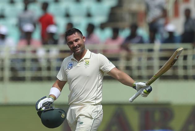South Africa's Dean Elgar celebrates after scoring a century during the third day of the first cricket test match against India in Visakhapatnam. (AP)