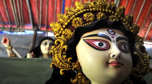 Noida, India - October 01, 2019: People have started installing Durga idols in pandals in different sectors ahead of Durga puja celebrations starting from October 4, in Noida, India, on Tuesday, October 01, 2019. (sunil Ghosh / Hindustan Times)