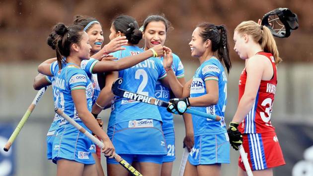 Indian hockey team players celebrate their draw against British team during their Tour of England.(PTI)