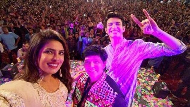 Priyanka Chopra with Rohit Saraf and Falguni Pathak at the Navratri event.