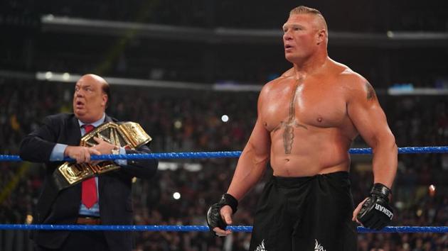 Brock Lesnar is shocked as Cain Velasquez makes his debut in the WWE.(WWE)