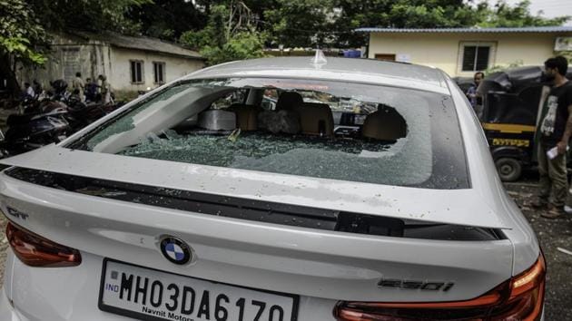 Supporters of BJP leader Prakash Mehta damaged the car of of party candidate Parag Shah in protest against Mehta being denied ticket for Ghatkper constituency in Mumbai, October 4, 2019. (Satish Bate/HT Photo) Supporters of BJP leader Prakash Mehta damaged the car of of party candidate Parag Shah in protest against Mehta being denied ticket for Ghatkper constituency in Mumbai, October 4, 2019. (Satish Bate/HT Photo)