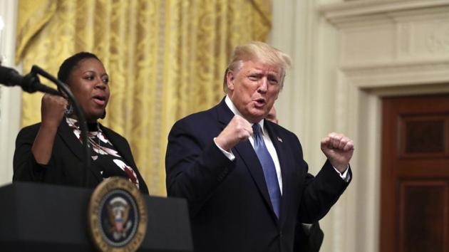 President Donald Trump arrives to the Young Black Leadership Summit at the White House in Washington, Friday, Oct. 4, 2019.(AP)